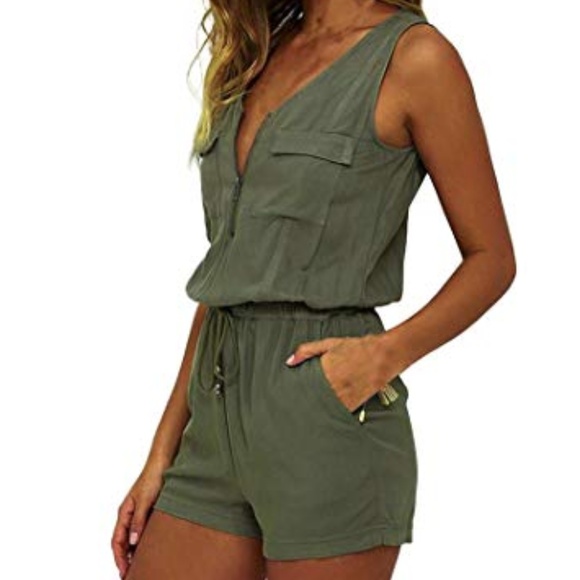 Army Green Drawstring Romper - Picture 1 of 2